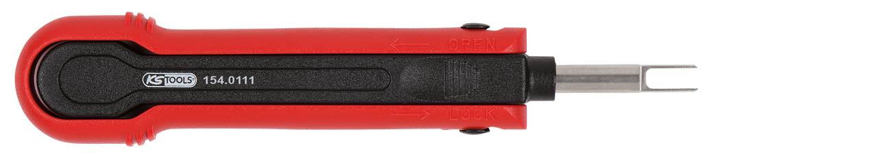Ein rotes, manuelles Werkzeug mit schwarzem Griff, das zum Entfernen von Drähten oder Klemmen in technischen Anwendungen verwendet wird.