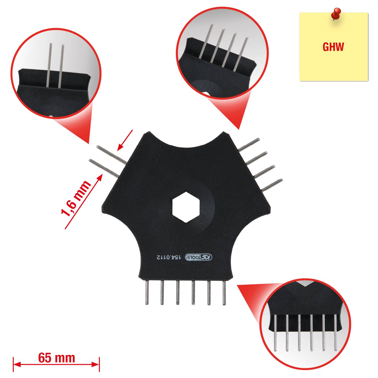 Ein schwarzes sechseckiges elektronisches Bauteil mit metallischen Pins, 65 mm breit und 1,6 mm dick, markiert mit 'GHW'.