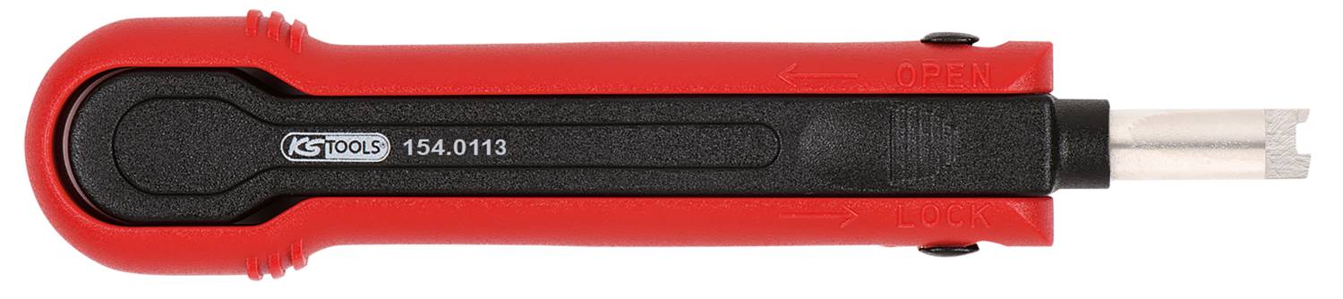 Ein rotes Spezialwerkzeug mit schwarzem Griff und Metallspitze, verwendet für Telekommunikationsverdrahtung, zeigt die Marke 'KS Tools'.