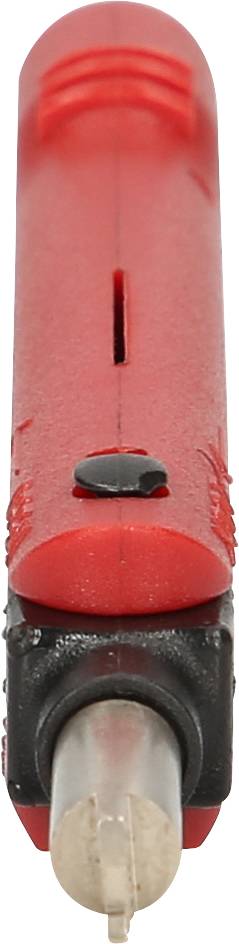 Ein roter, länglicher Gegenstand aus Kunststoff mit einer metallenen Spitze und einem schwarzen Knopf, vermutlich ein Werkzeug.