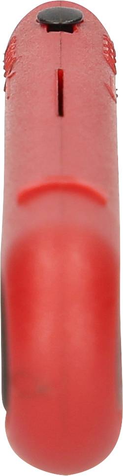 Ein roter Griff einer Zange mit schwarzem Drehknopf oben, zeigt die Vorderansicht des Werkzeugs.