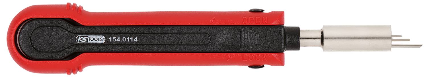 Ein roter Schraubendreher mit schwarzem Griff und Metallspitze, liegend. Das Werkzeug ist kompakt und robust gestaltet.