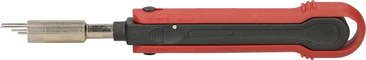 Ein rotes und schwarzes LSA-Plus Anlegewerkzeug mit metallischer Spitze, verwendet für die Installation von Netzwerkkabeln.