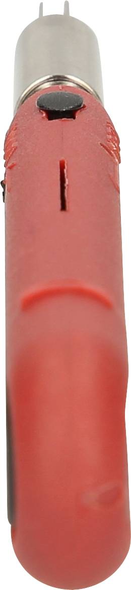 Ein rotes Feuerzeug, von unten gesehen, mit einer Metallspitze und einem schwarzen Knopf oben.