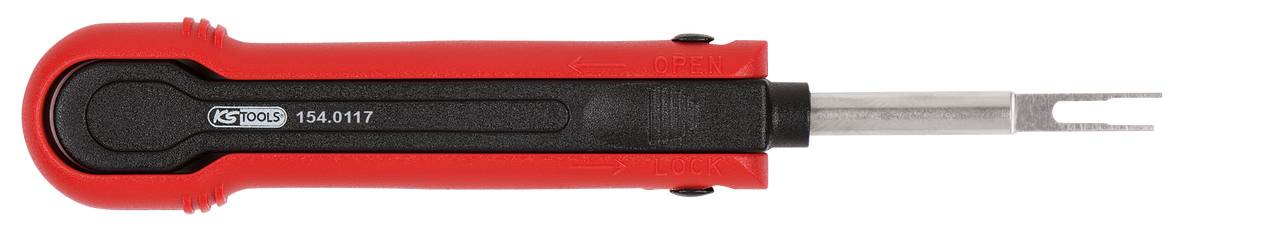 Ein rotes Entriegelungswerkzeug mit Kunststoffgriff und Metallspitze, verwendet zum Entfernen von Auto-Klemmsteckern.