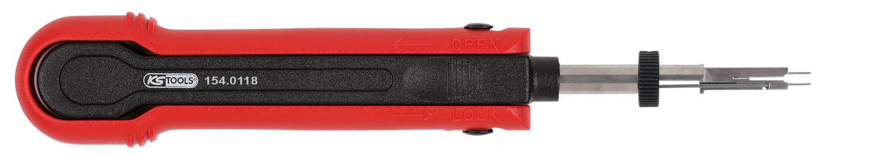 Ein rotes Handwerkzeug mit schwarzer Griffoberfläche und einer Metallspitze. Es hat zwei lange, schmale Metallzinken.