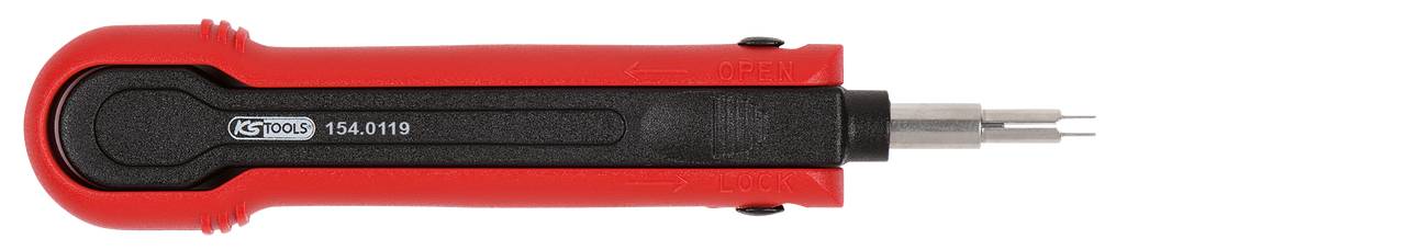 Ein rotes, rechteckiges Werkzeug mit schwarzem Griff und doppeltem Metallstift an einem Ende, wahrscheinlich ein Schlagwerkzeug.