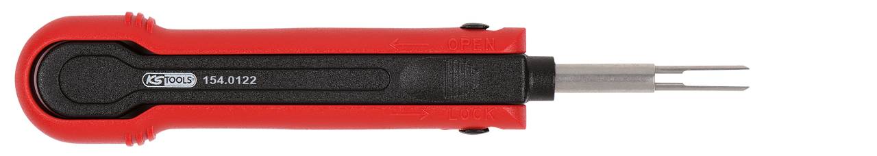 Ein rotes Handwerkzeug mit zwei Metallspitzen am Ende, wahrscheinlich ein spezieller Schraubendreher oder ein Entfernungswerkzeug.