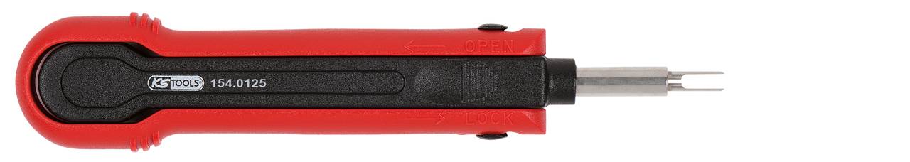 Ein rotes und schwarzes Werkzeug mit entfernbarer Metallspitze, verwendet zum Installieren oder Entfernen elektronischer Bauteile.