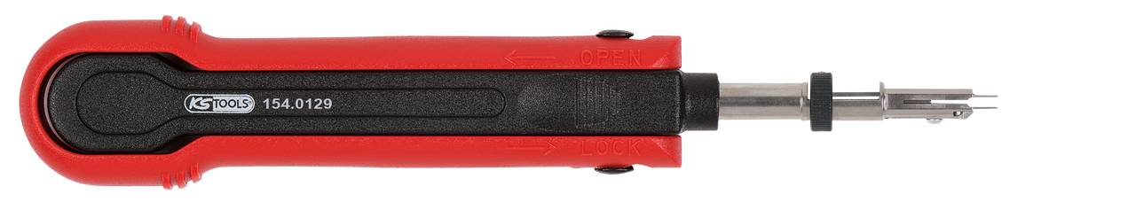 Ein rotes Handwerkzeug mit schwarzem Griff und Metallspitze, geeignet für Elektronik- oder Präzisionsarbeiten.