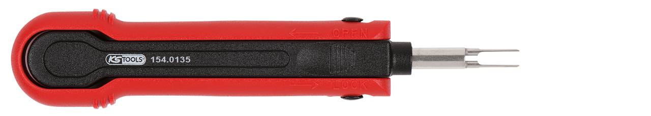 Ein rotes, handliches Werkzeug mit schwarzer Griffpartie und Metallspitze, möglicherweise ein Spezialwerkzeug oder Entnahmegerät.