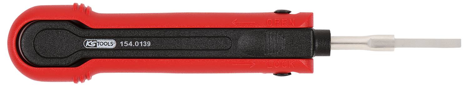 Ein roter, flacher Schraubendreher mit schwarzem Griff von KS Tools, Modellnummer '154.0139'.