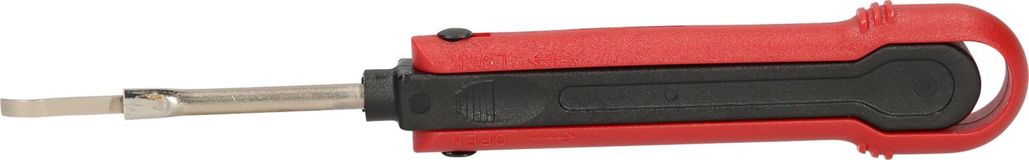 Ein rot-schwarzes Präzisionswerkzeug mit einer metallischen Spitze, verwendet zum Entfernen von Kabelkontakten aus Steckverbindern.