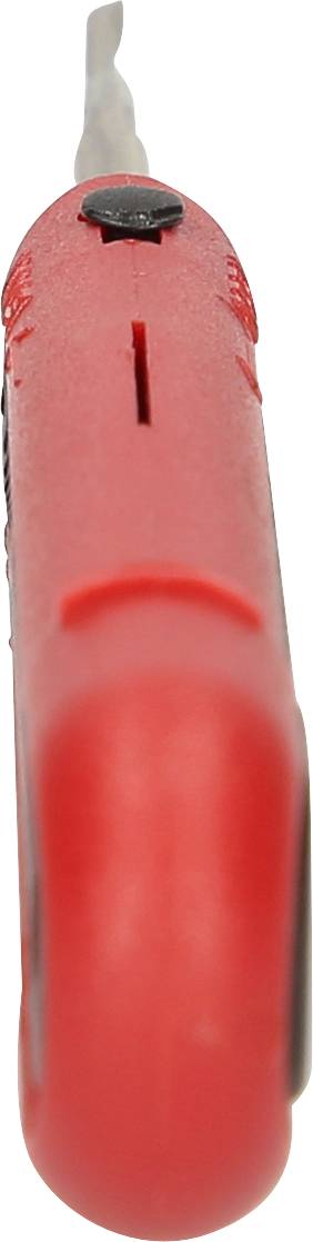 Rotes Sicherheitsmesser mit ausfahrbarer Klinge, seitliche Ansicht. Hauptsächlich für das Öffnen von Kartons und Verpackungen verwendet.