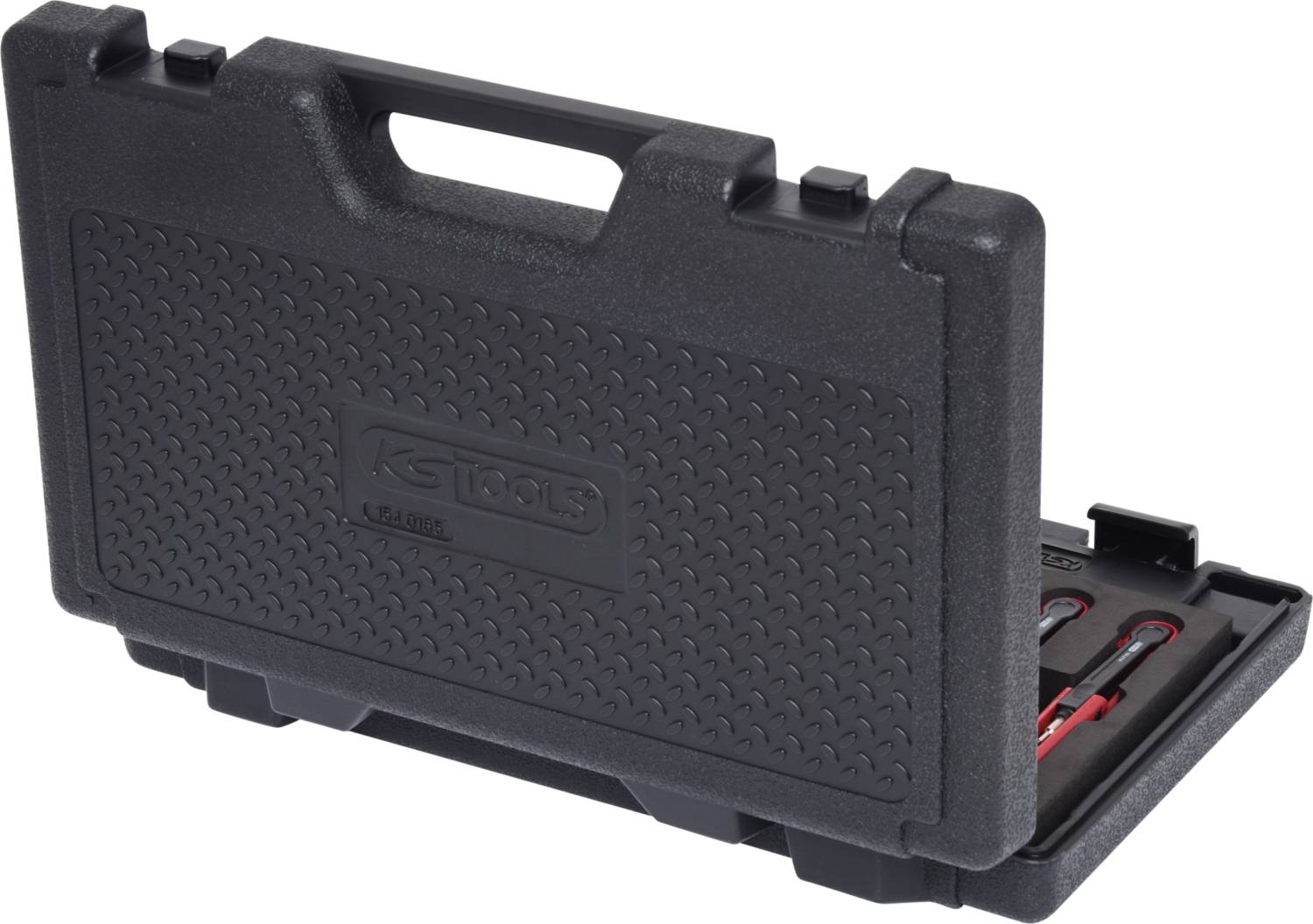 Schwarzer Werkzeugkoffer mit Griff, teilweise offen, zeigt rote Schraubendreher im Inneren. Ideal zur sicheren Werkzeugaufbewahrung.
