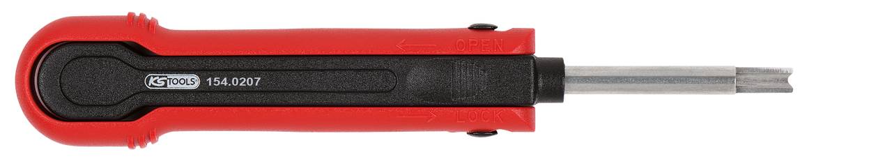 Roter, einziehbarer Messergriff mit schwarzem Schiebemechanismus und silberner Klinge, auf einem weißen Hintergrund liegend.