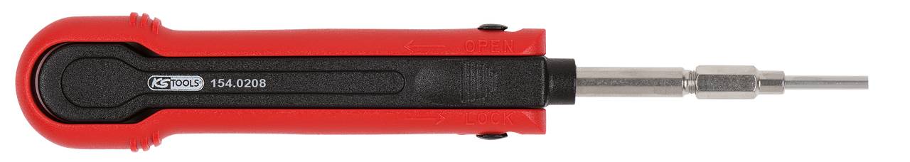 Ein roter, länglicher Schraubendreher mit schwarzem Griff und Metallschaft.