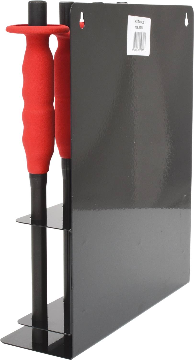 Zwei rote Schläger stehen vertikal in einem schwarzen Halter, der an einer Wand montiert ist.