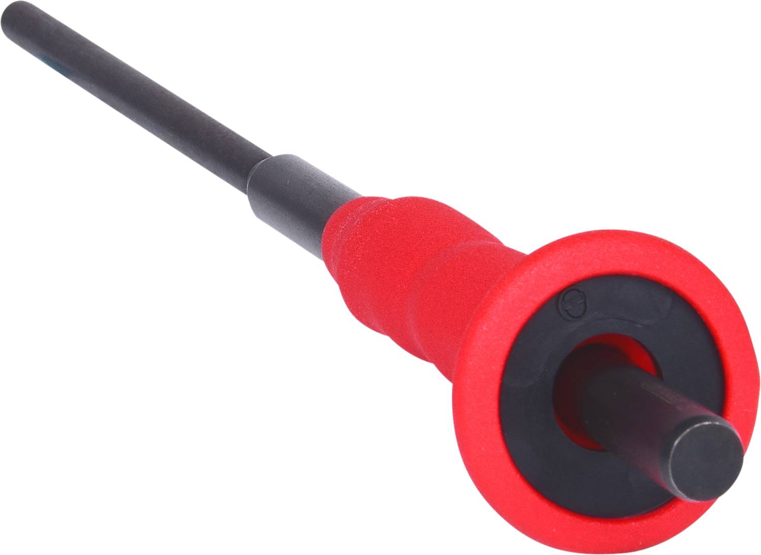 Roter Gerätestecker mit schwarzem Kabel, isoliert, zur Übertragung elektrischer Signale.