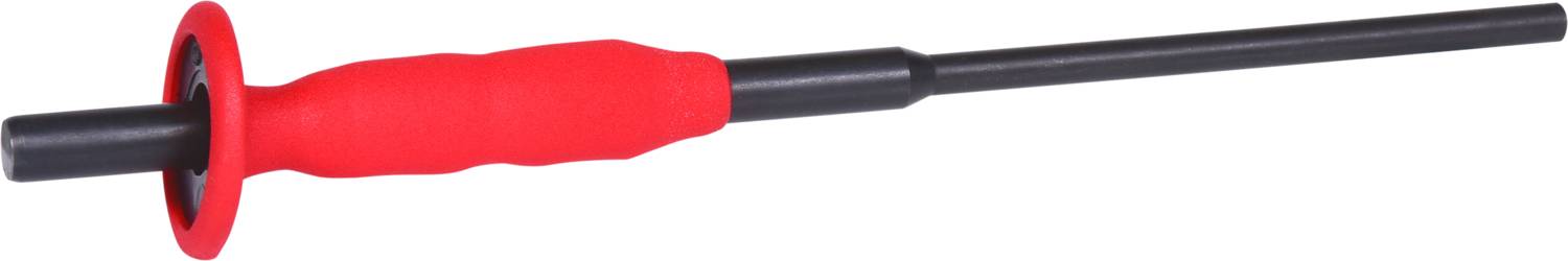 Ein roter, gummierter Schraubenziehergriff mit schwarzer Metallklinge, auf weißem Hintergrund.