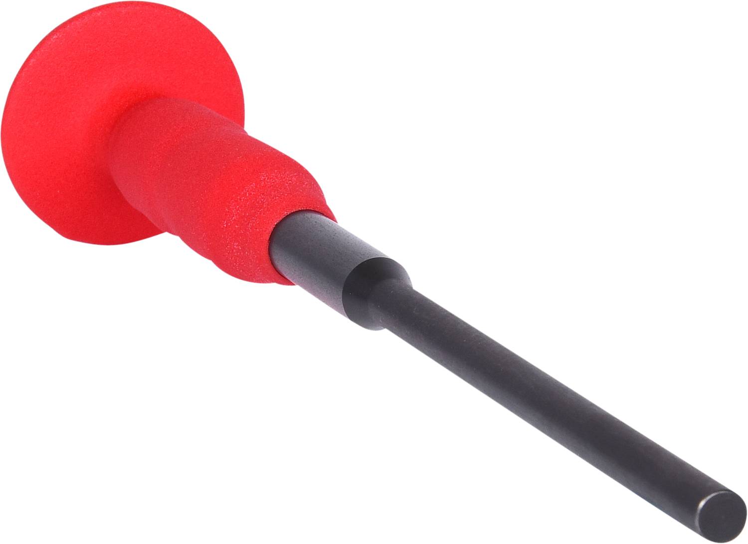 Ein roter Griff mit schwarzem, zylindrischem Stab, möglicherweise ein Werkzeug oder Teil eines Geräts.