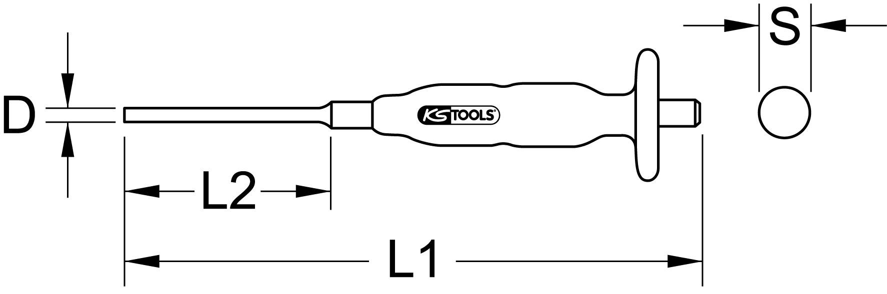 Diagramm eines Schraubendrehers mit Markierungen für die Länge von Griff (L1) und Schaft (L2), Durchmesser (D), Griffbreite (S).