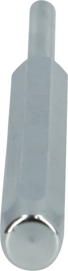 Nahaufnahme eines silbernen, sechseckigen Metallwerkzeugs mit rundem Ende; möglicherweise ein Schraubendreheraufsatz.