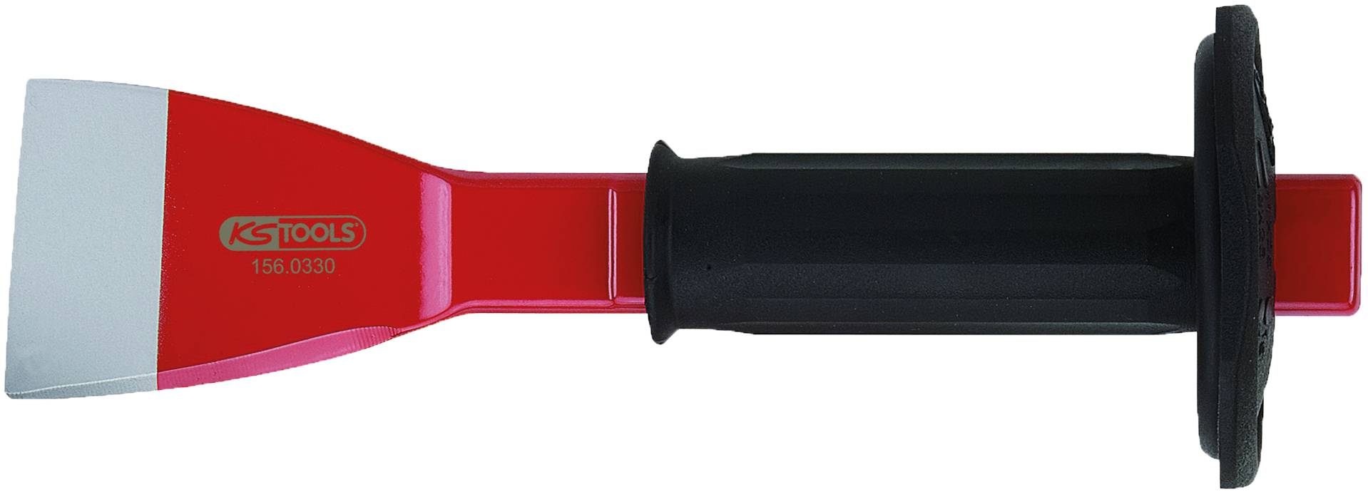 Roter Flachmeißel mit schwarzem Griff und Handschutz, Markenlogo 'KS Tools' auf der Metallspitze. Ideal für Bau- und Renovierungsarbeiten.