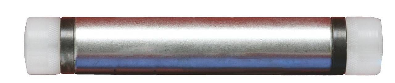 Ein silberner zylindrischer Metallstab mit weißen Enden, waagerecht ausgerichtet.
