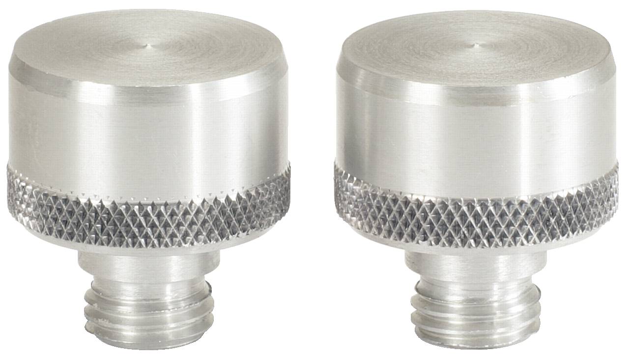 Zwei identische silberne Gewindekappen mit gerändeltem Rand, nebeneinander auf weißem Hintergrund.