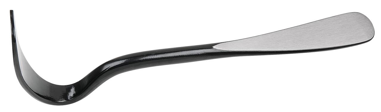 Ein schwarzer, gebogener Schuhlöffel aus Metall, der das Anziehen von Schuhen erleichtert.