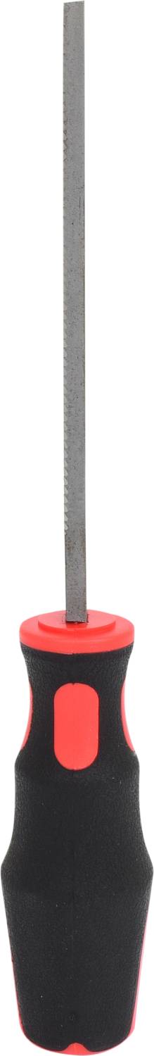 Flachfeile mit einem schwarzen Griff und roten Akzenten, vertikal ausgerichtet.