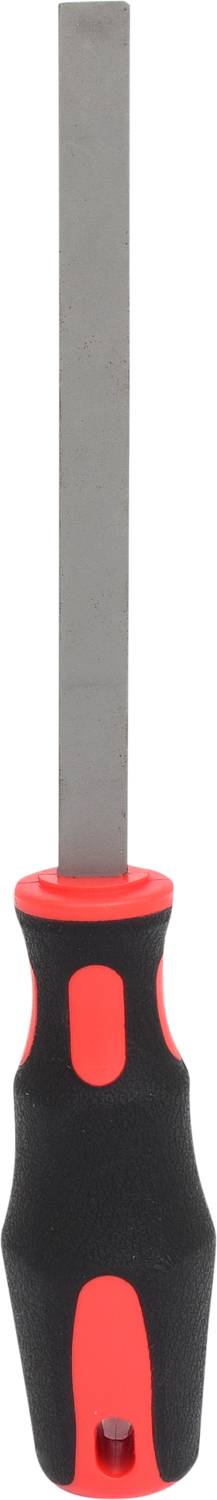Schraubendreher mit rotem und schwarzem Griff, Flachkopf, vertikale Ausrichtung. Werkzeug zur Befestigung oder Lockerung von Schrauben.