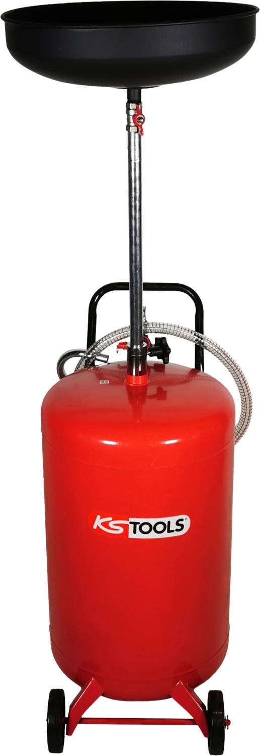 Roter Ölauffangwagen mit einem schwarzen Auffangtrichter oben, der auf Rollen steht.