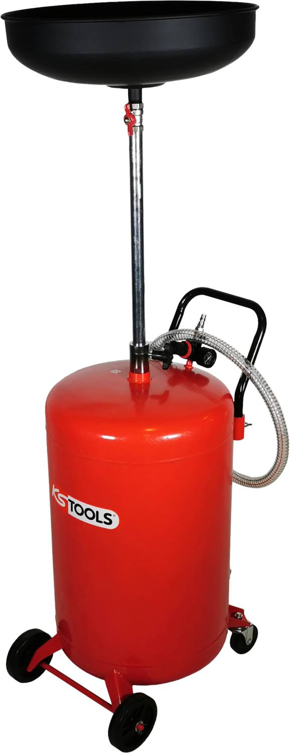 Mobiler Ölauffangwagen aus Metall, rot, mit großem Sammelbehälter und flexiblem Ablassschlauch auf Rollen für Werkstattgebrauch.