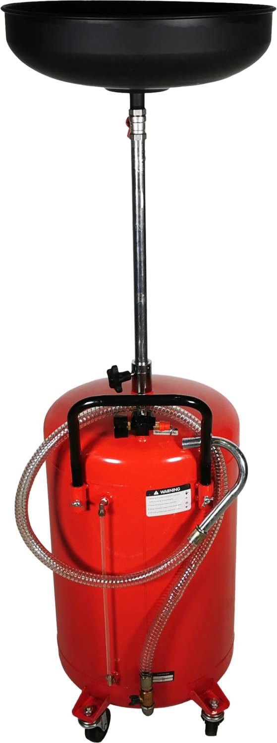 Roter Ölauffangwagen mit Auffangtrichter und Schlauch, montiert auf Rollen, für Wartungsarbeiten in Werkstätten.