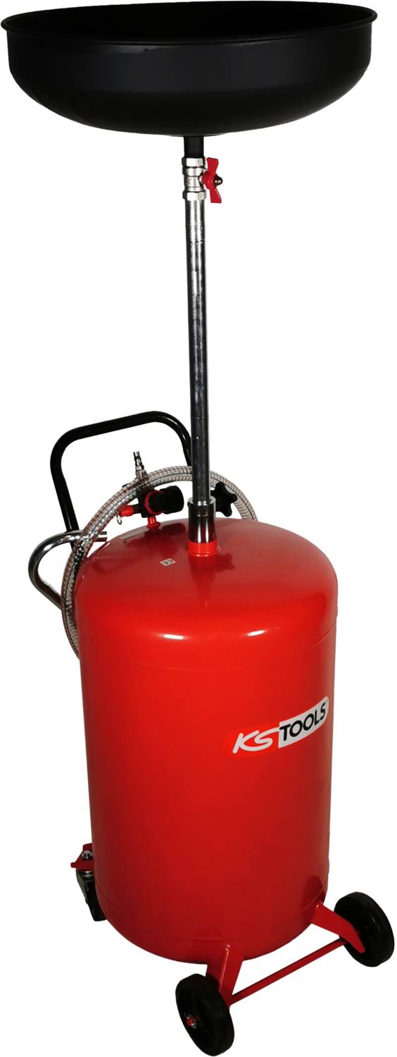 Mobiler Ölauffangwagen mit rotem Tank, schwarzer Auffangschale und Rädern. Geeignet für das Auffangen von Altöl bei Fahrzeugen.