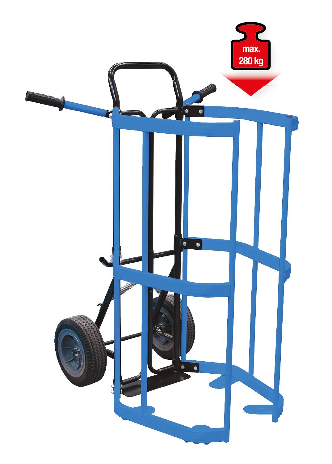 Ein blauer Sackkarren mit schwarzen Details, geeignet für Lasten bis zu 280 kg. Links oben ist ein Symbol mit einer roten Gewichtsmarkierung.
