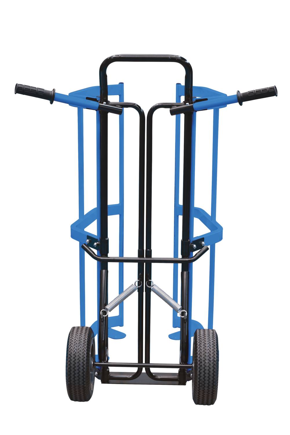 Ein zweirädriger Transportwagen mit blauen und schwarzen Metallrahmen und Griffen. Hauptsächlich zum Transport von Lasten.