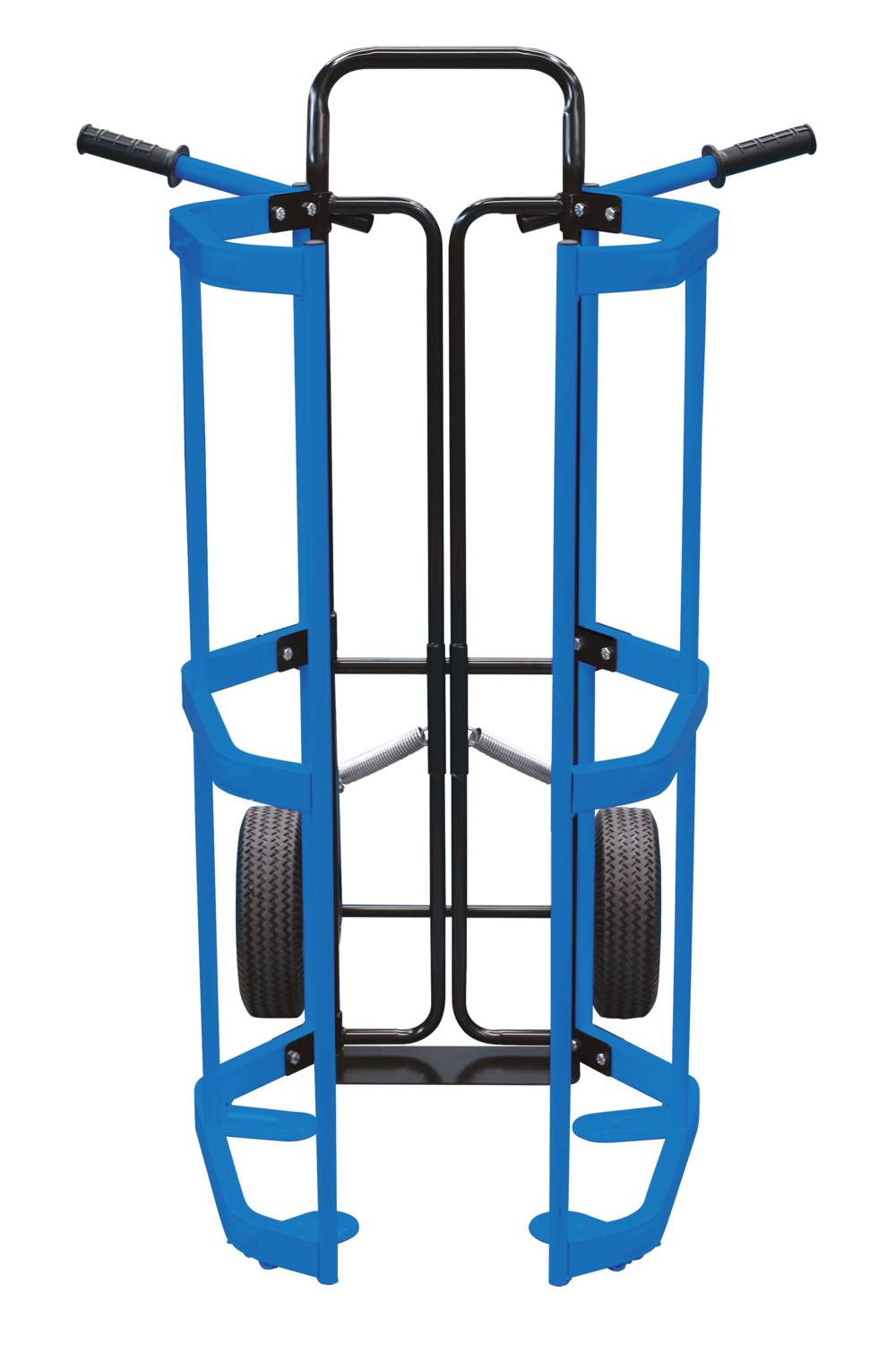 Blauer Transportwagen mit zwei luftgefüllten Rädern. Geeignet zum Transport von Gasflaschen.
