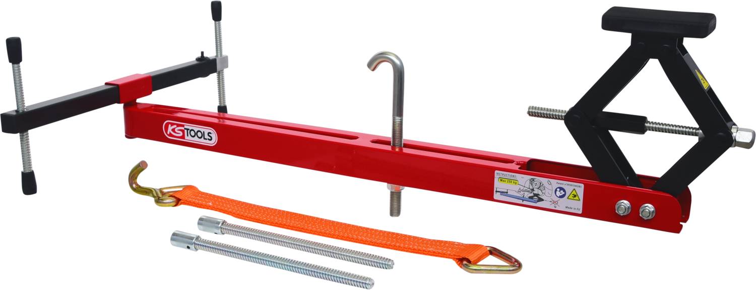 Roter Motorhalter für Kfz-Reparaturen mit Spannvorrichtungen, Haken und Halterungen, inklusive orangefarbenem Zurrgurt.