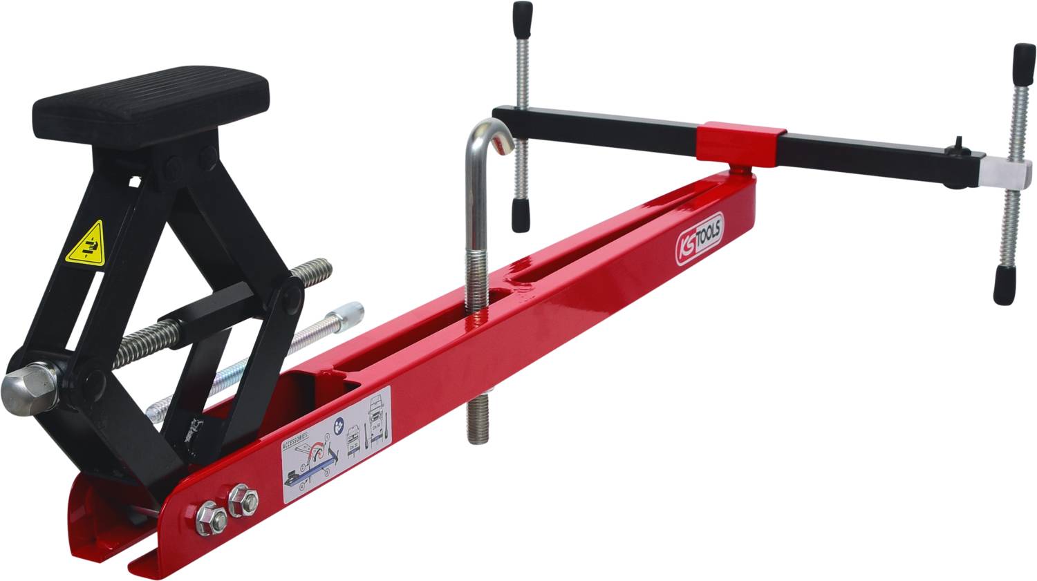 Roter mechanischer Kupplungspressenheber, verwendet zur Installation von Fahrzeugkupplungen; enthält schwarze Hebeelemente.