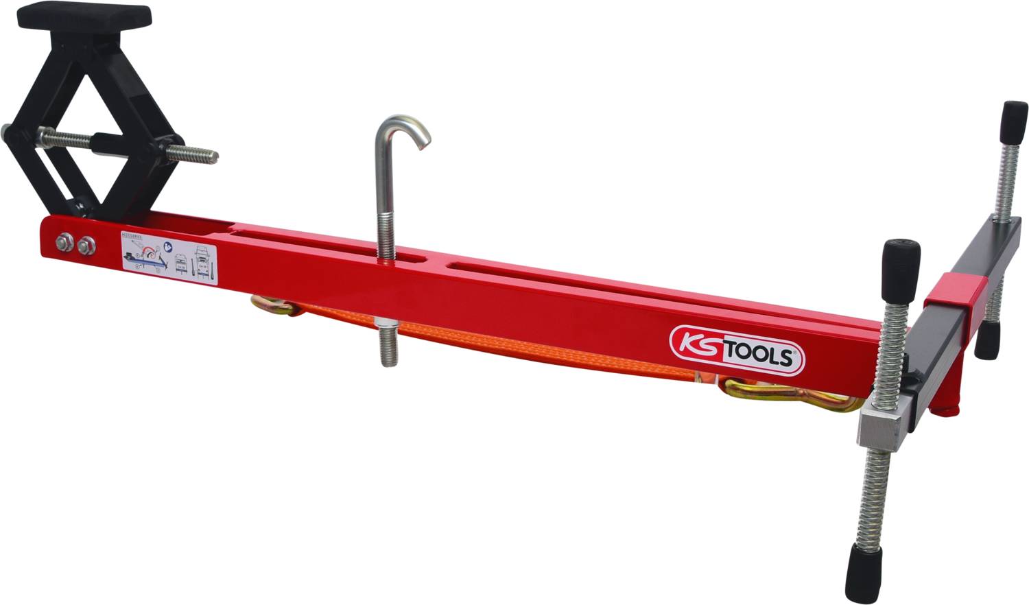 Ein roter KS Tools Motorkranbalken mit Haken und Spannvorrichtungen zur Unterstützung des Anhebens von Motoren in Fahrzeugen.