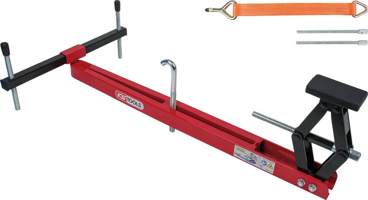 Roter Motorkran-Querträger mit Haken. Wird zur Motorabstützung oder -halterung bei Reparaturen eingesetzt. Zubehör oben rechts.