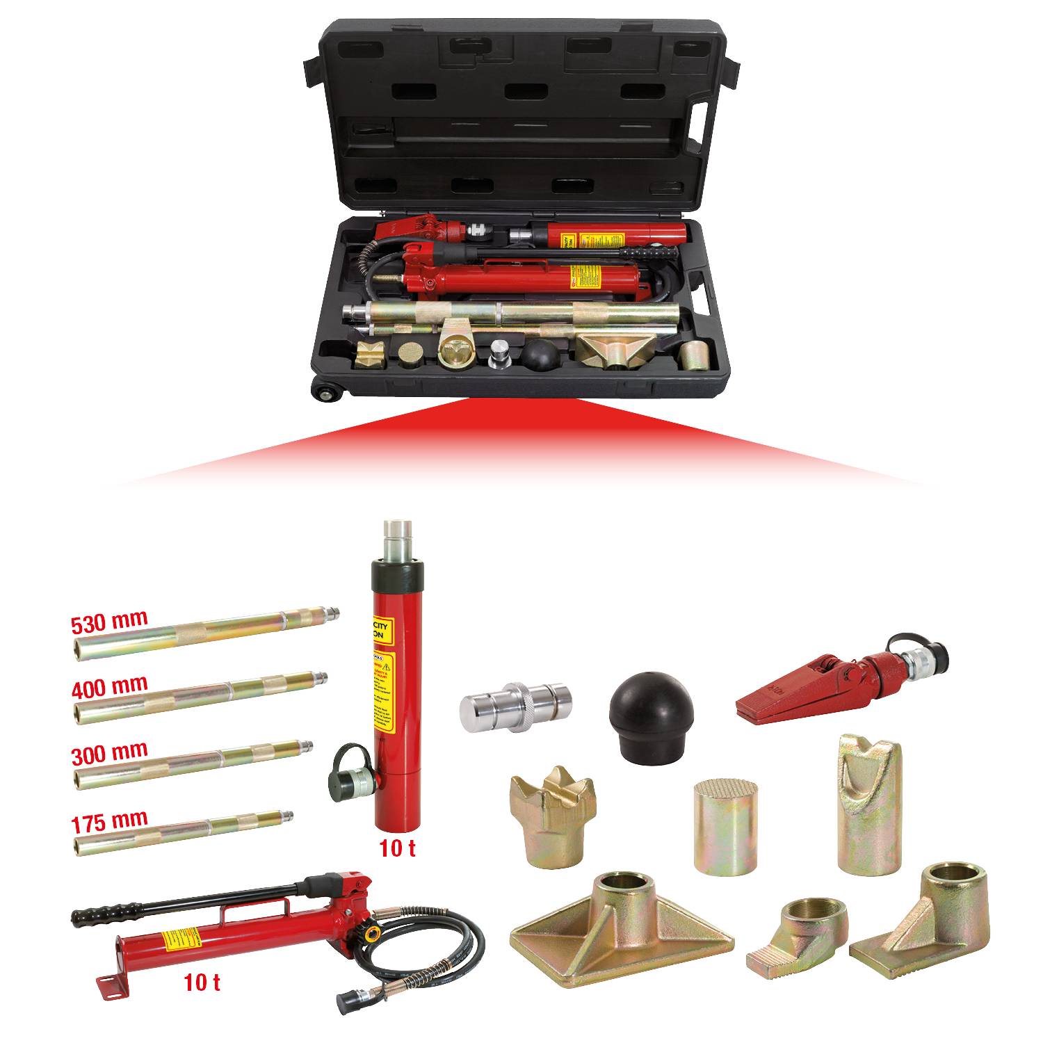 KS Tools 160.0175 Hydraulischer KFZ-Richtwerkzeugsatz 10t, 17-tlg