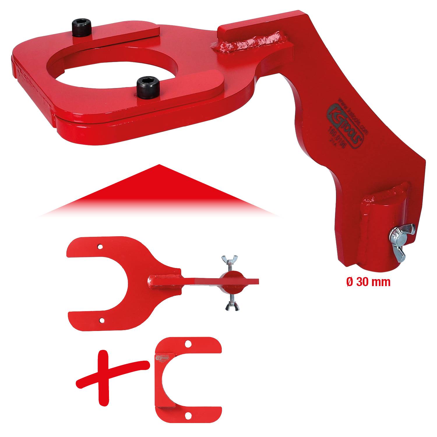 Roter Spannarm mit einem Durchmesser von 30 mm, inklusive einer zusätzlichen Komponente und einem Montageschlüssel.