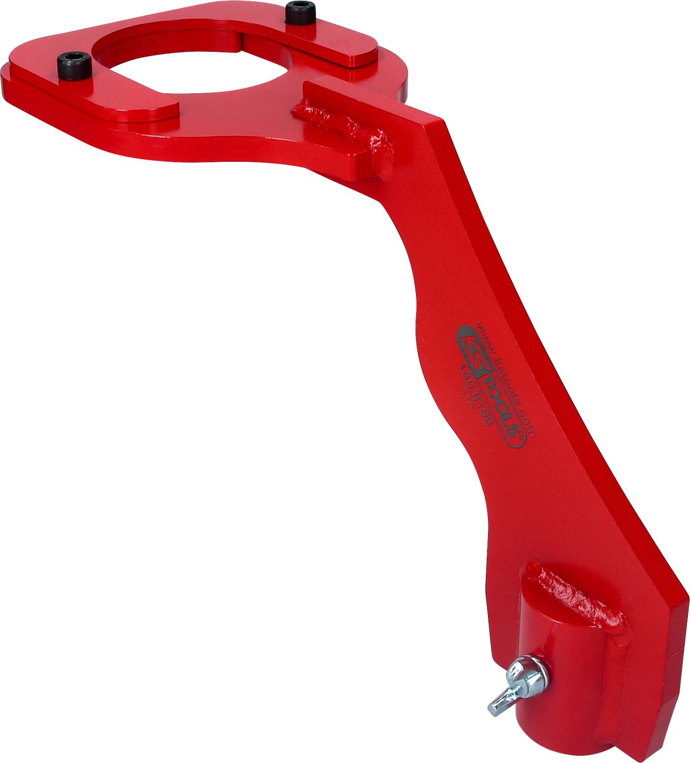 Roter Metallarm mit Rundöffnung, möglicherweise Teil eines Mechanismus oder Werkzeugs, zeigt nach oben links.