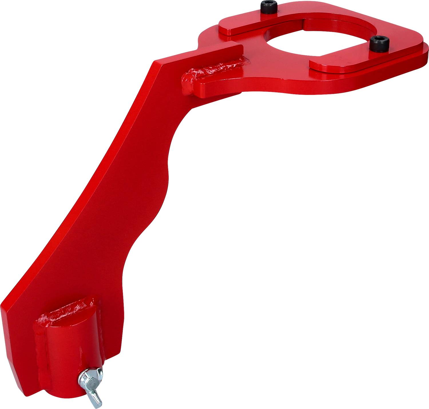 Rotes Metallteil in L-Form mit Befestigungsbohrungen, möglicherweise ein Montagehalter oder ein Bauteil eines Geräts.