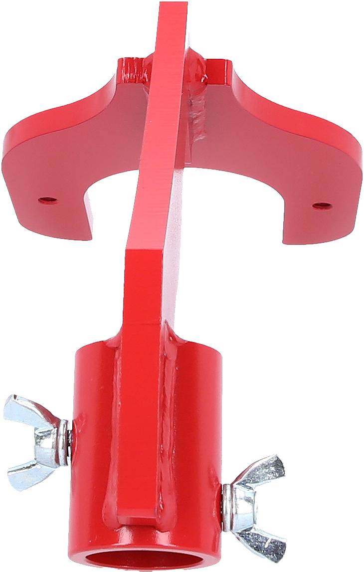 Roter Metallhalter für Boxsäcke mit Befestigungsschrauben, geeignet zur Deckenmontage.