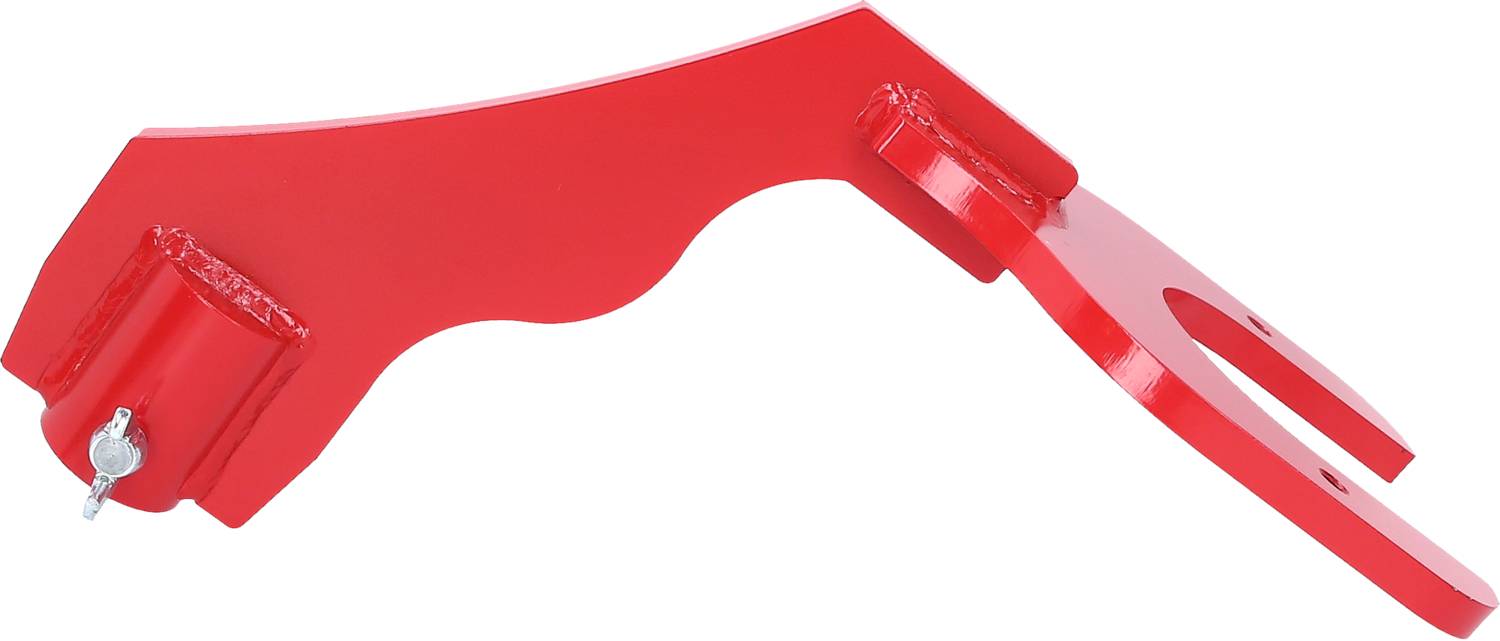 Ein rotes, geformtes Metallteil mit Befestigungsmechanismen und einer runden Öffnung an einem Ende, möglicherweise ein Werkzeugaufsatz.
